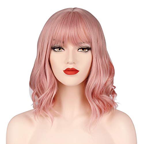 OKVGO peluca ondulada corta con gorro de peluca para mujer Cosplay fiesta uso diario rosa