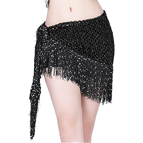 Falda de danza moderna para mujer de Nimiya, falda de danza del vientre, falda de cadera, chal con borlas, bufanda de cintura, falda de danza de cadera, monedas de danza del vientre, talla única negra