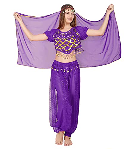 3 piezas de danza del vientre para mujer, ropa india con lentejuelas, disfraz de princesa, conjunto de baile, pantalones acampanados y cadena para la cabeza, Barbie (púrpura)