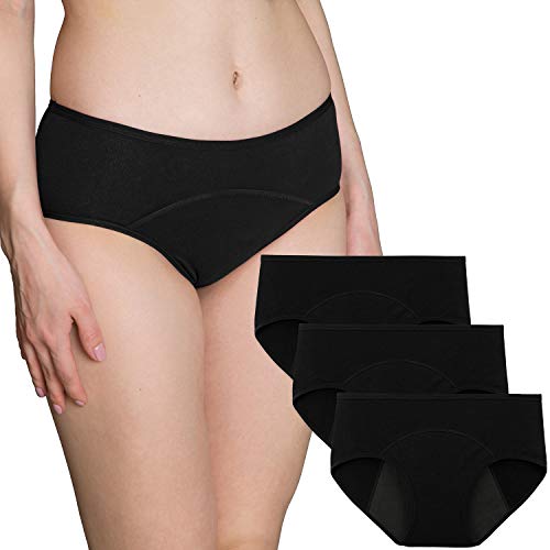 INNERSY - Bragas menstruales de algodón absorbente para mujer, paquete de 3 (2XL-EU 46, 3 negras)