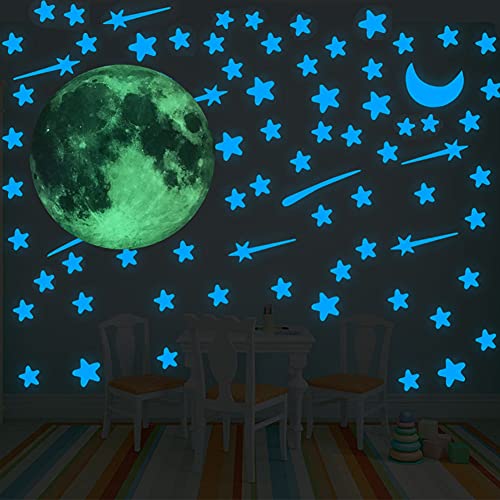 109 Pegatinas Fluorescentes Luna+Estrellas, Decorativas Pegatinas Luna Estrellas, Luminosas Pegatinas de Pared para Techo/Habitación Niños. (Luna Verde+Estrellas Azul)