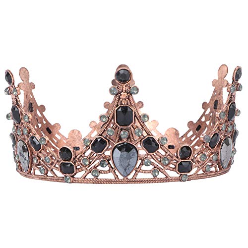 Corona barroca de Lurrose, corona de reina redonda de cristal negro, tiara nupcial de bronce vintage para el baile de bodas