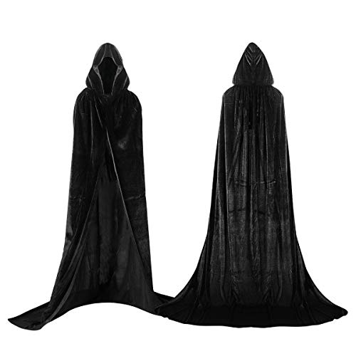 Shafier capa larga vampiro diablo con capucha terciopelo disfraz de Halloween para mujeres hombres carnaval fiesta vestido único (negro)