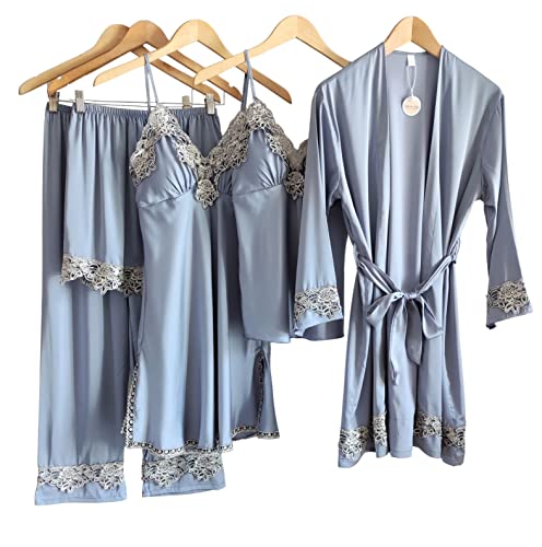 Pijama de mujer Laura Lily en raso de seda lisa con encaje.  Conjunto de 5 piezas, bata kimono, top, camisón, short y pantalón largo.  (gris, M-)