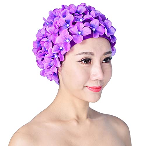 Laluky Floral Petals Mujer Estilo Retro Transpirable Flor Deportes acuáticos Casco de natación (Púrpura)