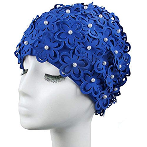 Medifier Flores huecas Perlas cosidas a mano Mujeres Damas Sombrero de natación Casco de natación Casco de natación (Azul)