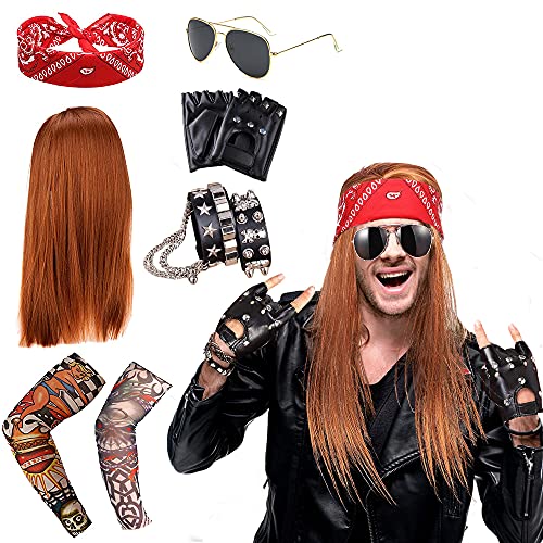BIQIQI 90s Rocker Kit Heavy Metal Disco peluca con sombrero gafas de sol Cruz colgante negro largo ondulado peluca Rocker disfraz Accesorios