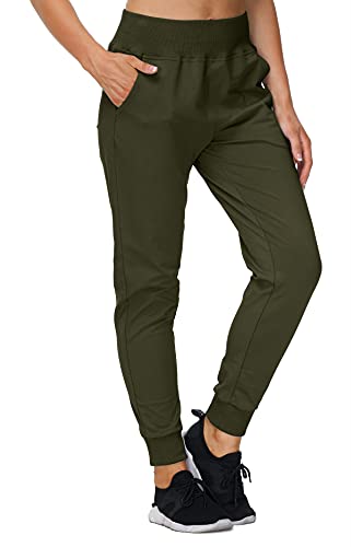 JINSHI Mujer Pantalones largos Algodón Deporte Jogging Pantalones deportivos con bolsillos Verde militar XS