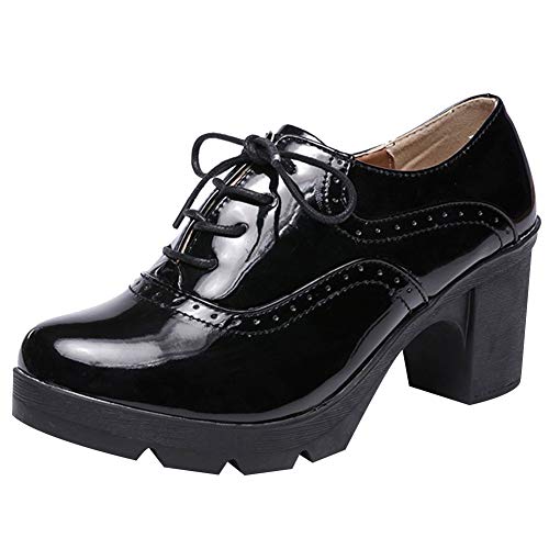Amropi Zapatos de vestir Oxford con cordones y tacón grueso para mujer (Negro, EU 37)
