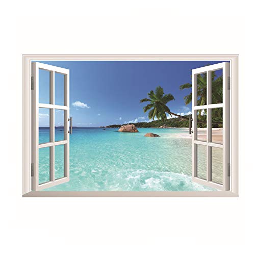 Adhesivo de pared de vinilo, mural de ventana de paisaje de playa 3D para decoración del hogar