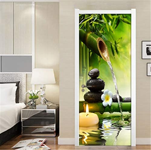 FLFK 3D Bambú Verde Paisaje Adhesivo Vinilo Adhesivo Puerta Mural Papel Tapiz para Cocina Habitación Baño Decorativo 77X200cm