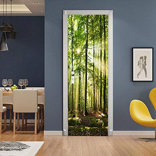 LuSeven Pegatinas de puerta de madera Green Forest Sun 50x125cm (19.68inch * 49.21inch) Papel tapiz de puerta 3D Papel tapiz para sala de estar Etiqueta de puerta 3D Etiqueta de puerta Vinilo decorado