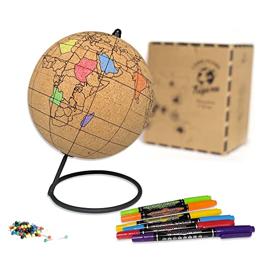 Tripvea - Globo terráqueo de corcho vintage para colorear (tamaño: 20 cm + rotuladores) - Mapamundi temático de viaje decorativo - Idea de regalo divertida y creativa para niños