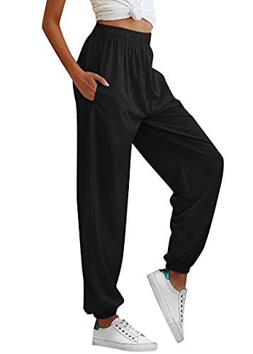 Tuopuda Pantalones deportivos para mujer con bolsillos Pantalones largos de algodón para mujer Jogging Pantalones deportivos elásticos de cintura alta para yoga Fitness Jogger Casual Running (Negro, XL)