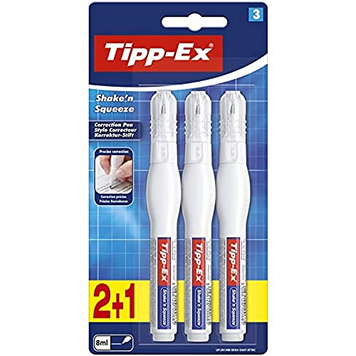 Corrector líquido BIC Tipp-Ex Shake'n Squeeze (4 ml), fórmula de secado rápido, lápiz corrector, ideal para profesionales, ampolla de 3